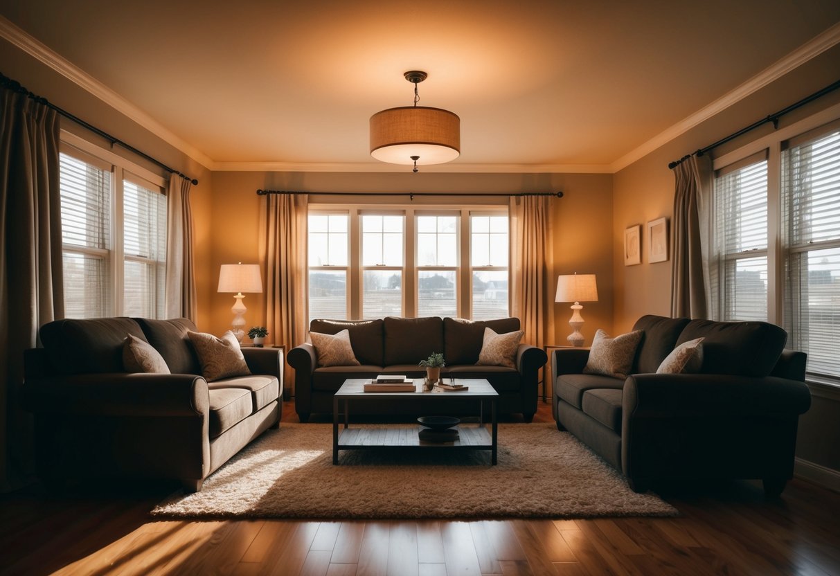 Ein gemütliches Wohnzimmer mit warmem, ambientem Licht aus verschiedenen Quellen, das sanfte Schatten wirft und eine einladende Atmosphäre schafft.