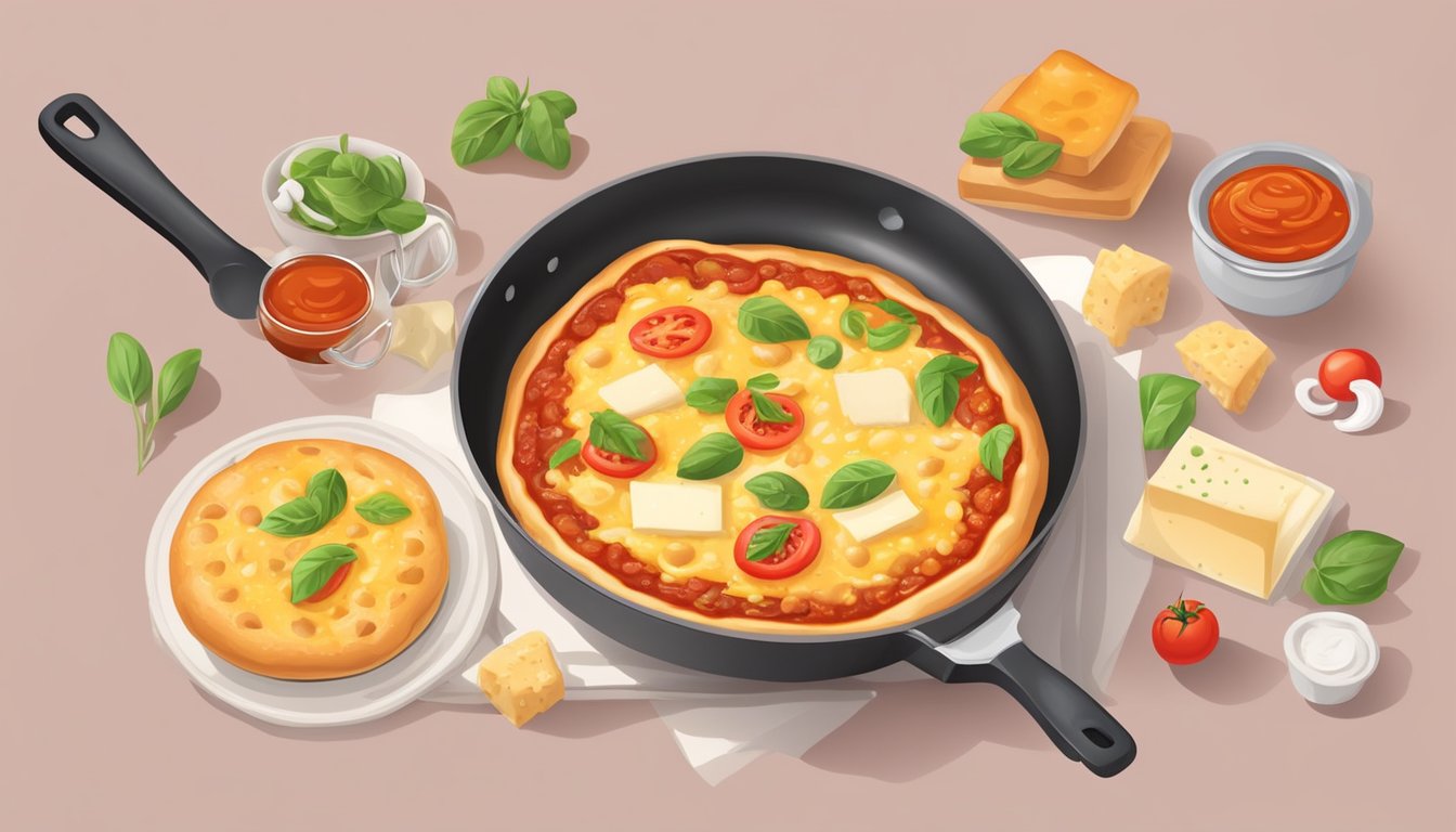 Fresh dough, vibrant tomato sauce, colorful toppings, and bubbling cheese sizzling in a hot frying pan