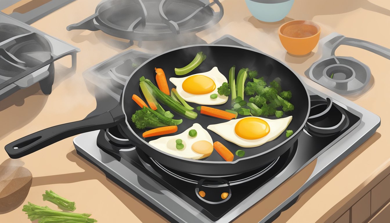 A stovetop with a nonstick skillet filled with sautéed vegetables and beaten eggs, being cooked over medium heat