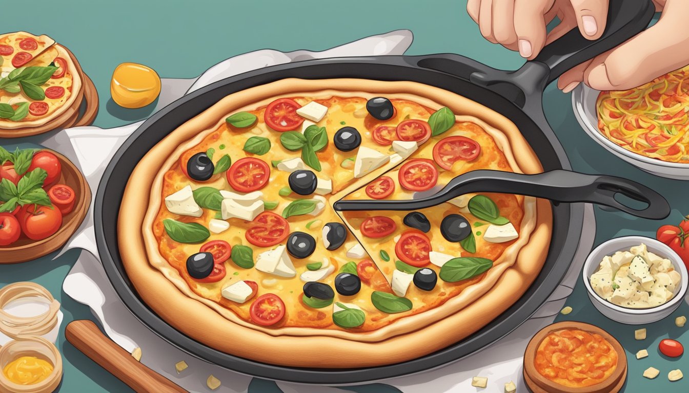 A hand sprinkles cheese and toppings onto a sizzling pizza in a frying pan