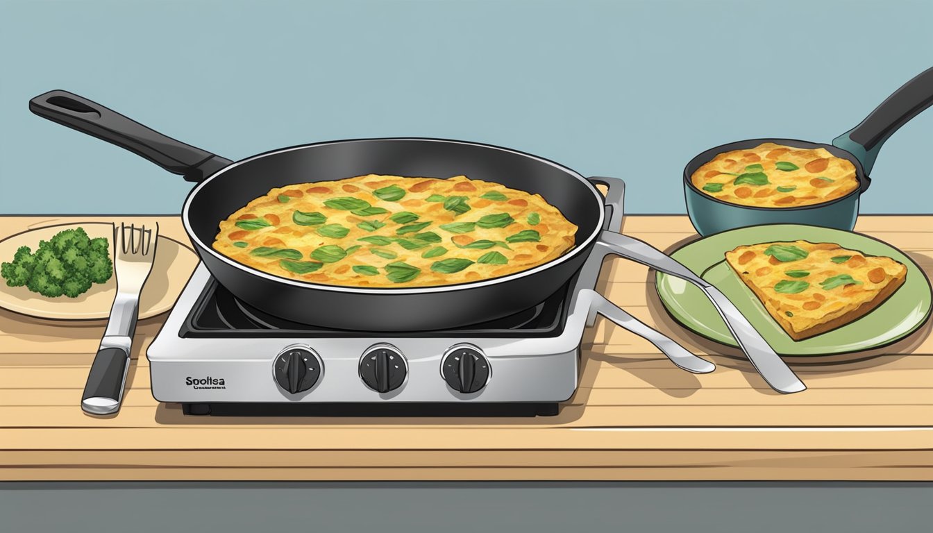 A stovetop with a non-stick skillet containing a cooked frittata, spatula, and plates ready for serving