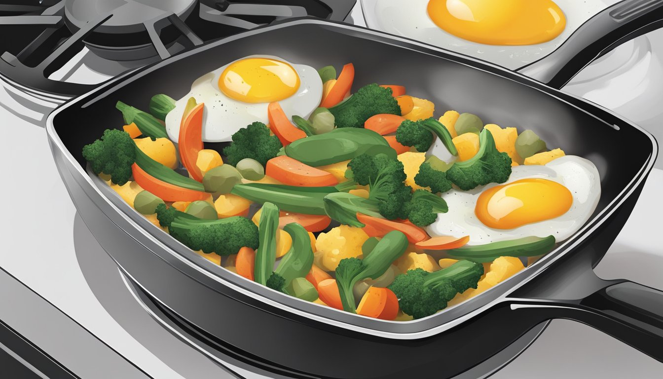 A stovetop with a nonstick skillet filled with sautéed vegetables and beaten eggs, being cooked over medium heat. A lid is placed on top for even cooking