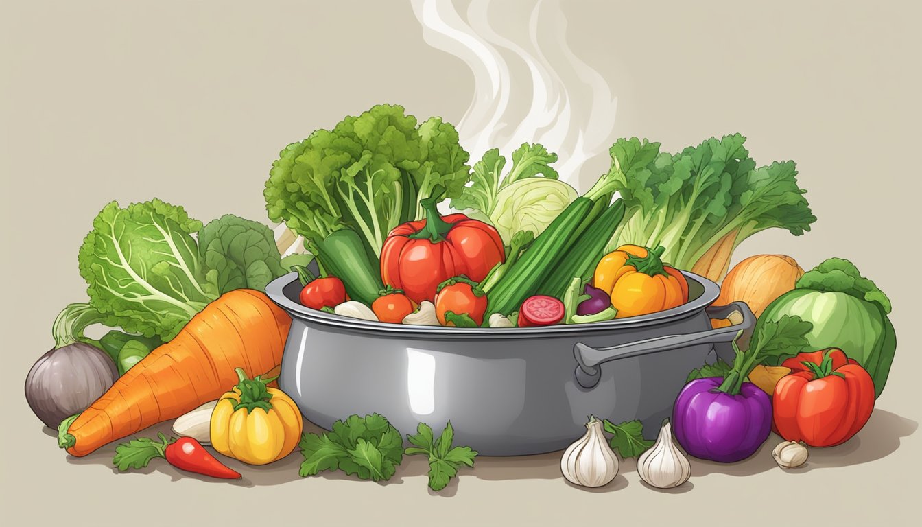 A colorful array of fresh vegetables simmering in a pot over a low flame, releasing a tantalizing aroma