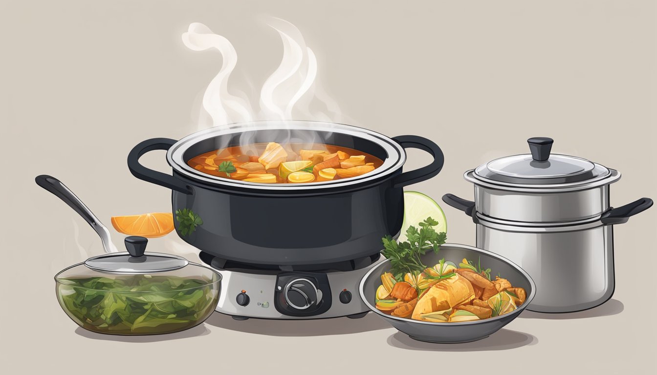 A pot simmering with various sides and extras, emitting a rich, slow-cooked aroma