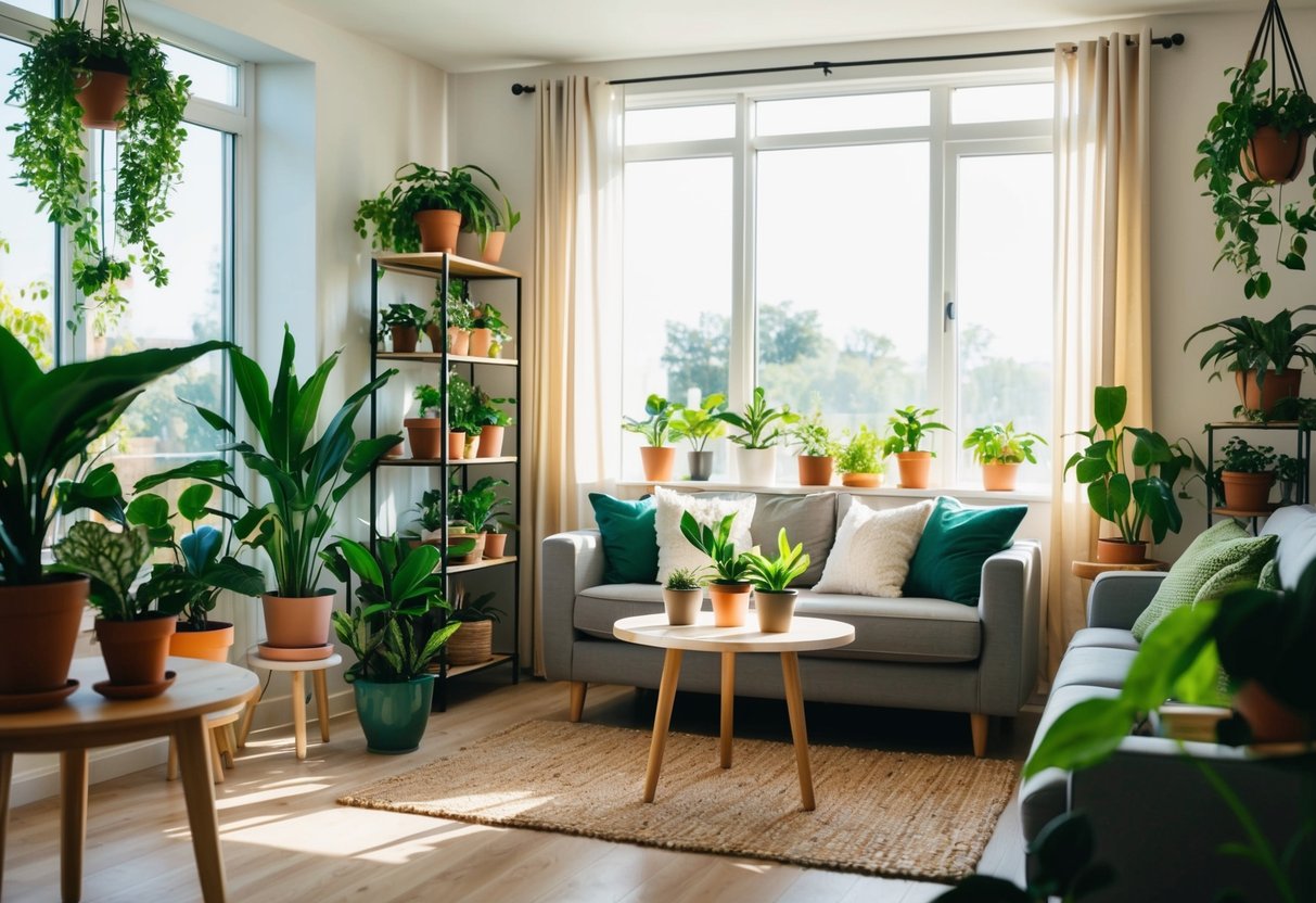 Ein gemütliches Wohnzimmer mit verschiedenen Topfpflanzen, die auf Regalen, Tischen und von der Decke hängen. Sonnenlicht strömt durch die Fenster und erhellt das Grün.