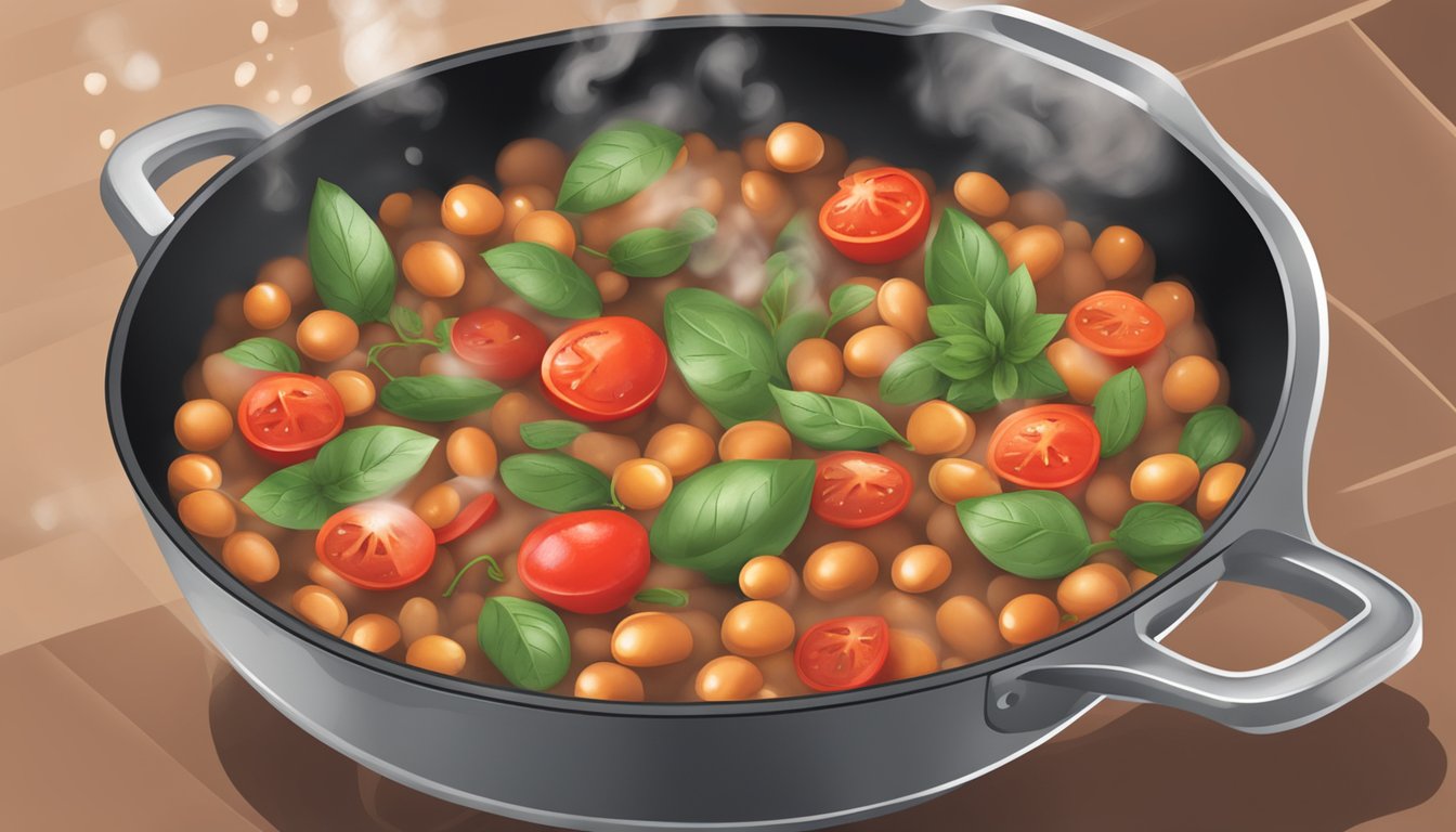 A skillet filled with a bubbling mixture of beans, tomatoes, and herbs, with steam rising from the surface