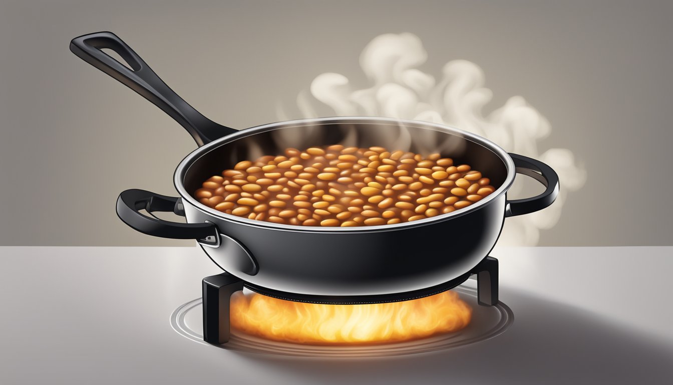 A skillet of baked beans sizzling over a stovetop flame, with steam rising and the beans bubbling in the pan