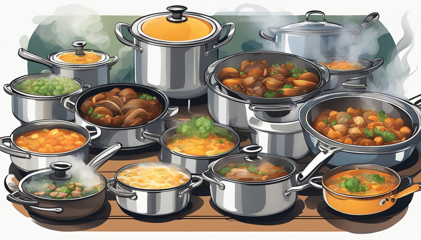 A table filled with steaming pots and pans, each emitting tantalizing aromas of international slow-cooked cuisine