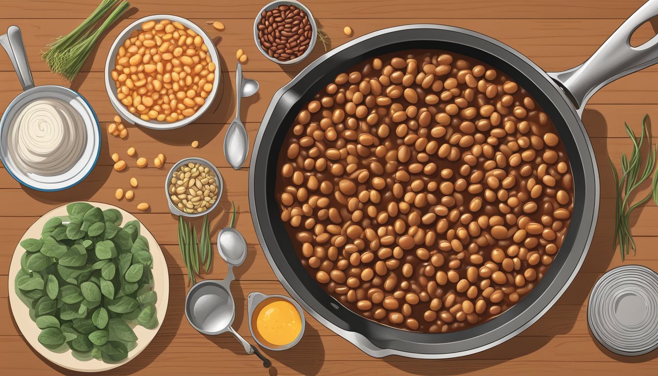 A skillet filled with bubbling baked beans on a stovetop, surrounded by scattered ingredients and utensils