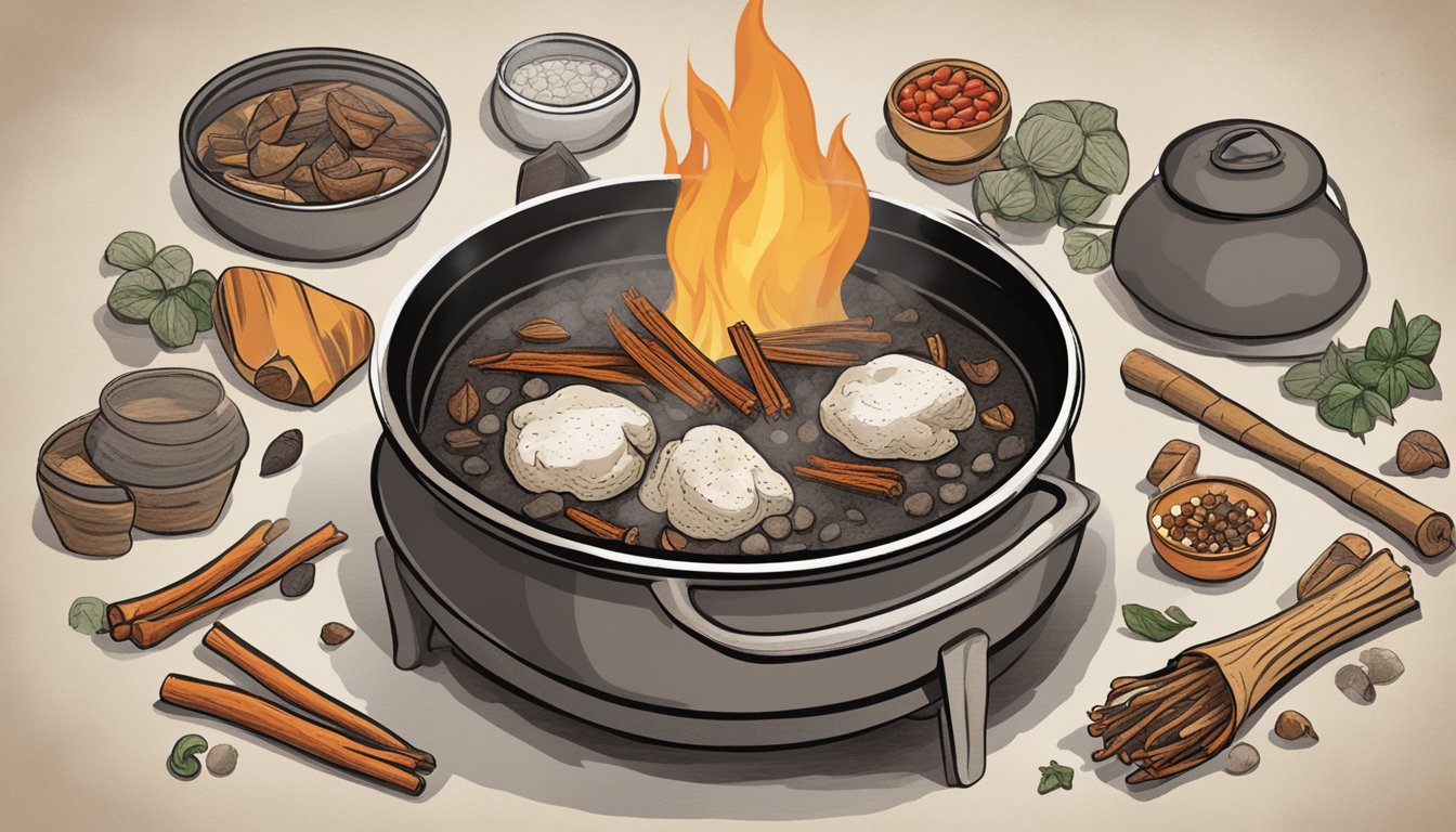 A dutch oven sits over a crackling campfire, steam rising from the bubbling chili inside. Surrounding the fire are various ingredients and spices ready to be added to the pot