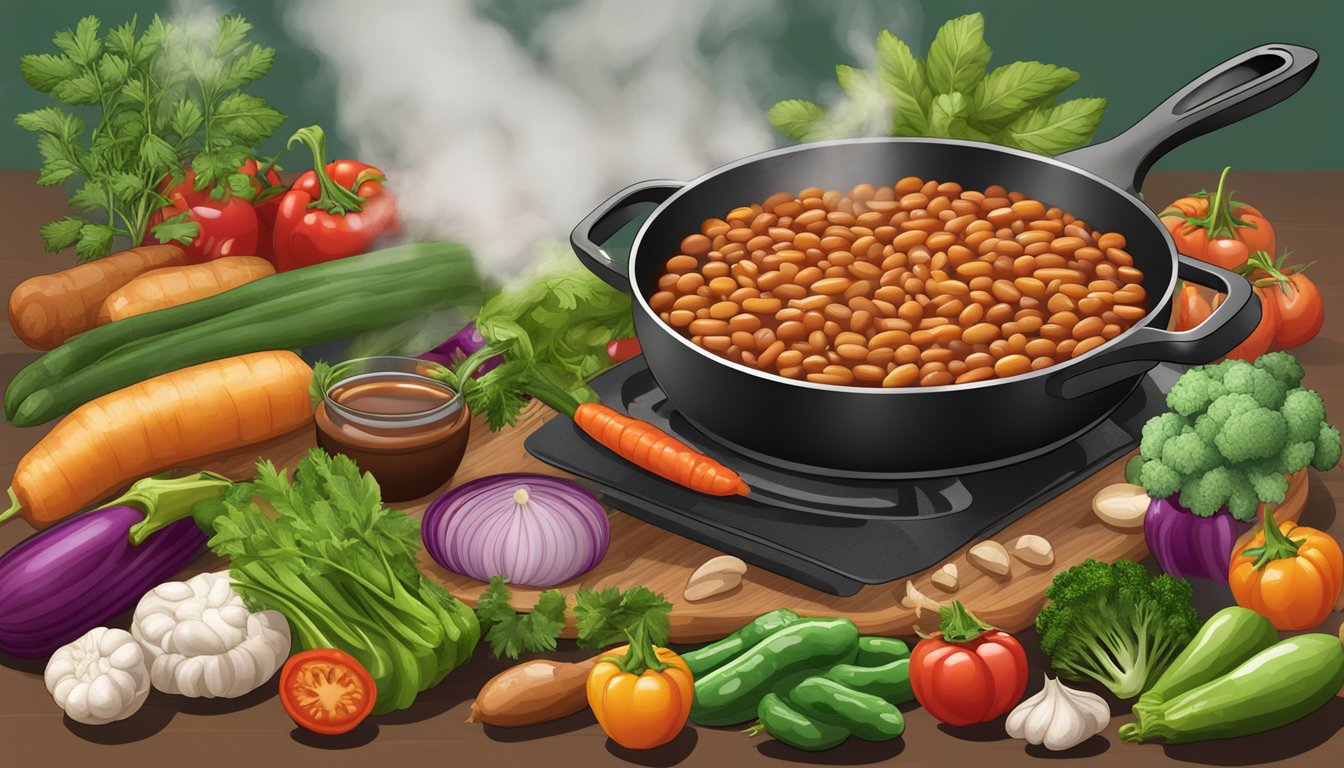 A skillet filled with baked beans, surrounded by a variety of colorful vegetables and herbs, with steam rising from the dish