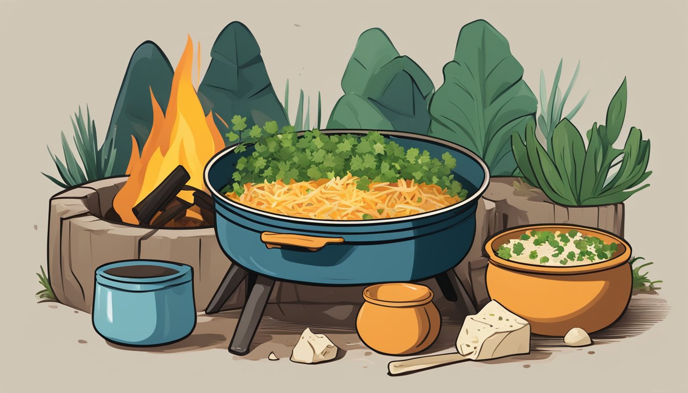 A bubbling dutch oven sits atop a campfire, surrounded by colorful bowls of chopped onions, shredded cheese, and fresh cilantro