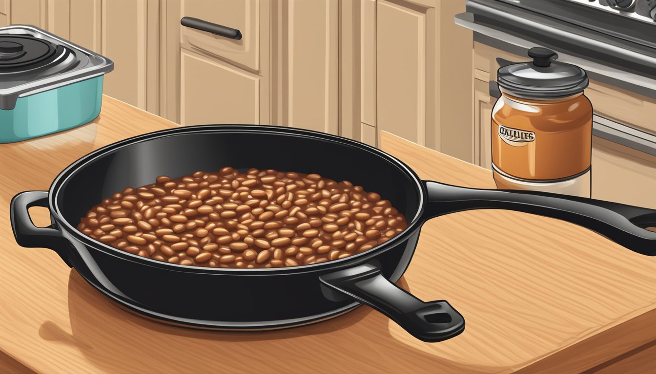 A skillet of baked beans sits on a stovetop, with a lid nearby. A wooden spoon rests on the counter next to the skillet