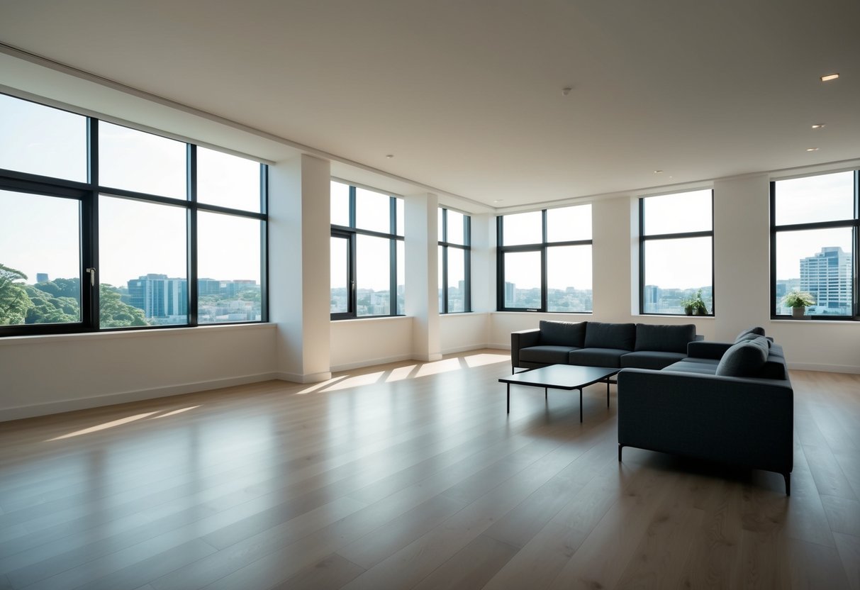 Ein offener und geräumiger Raum mit minimaler Einrichtung und viel natürlichem Licht, das durch große Fenster strömt.