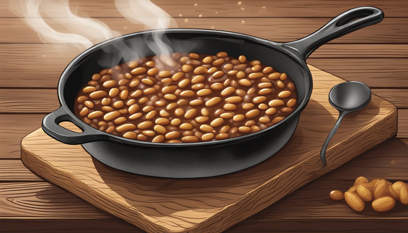 A cast iron skillet filled with sizzling baked beans, bubbling and steaming on a rustic wooden table