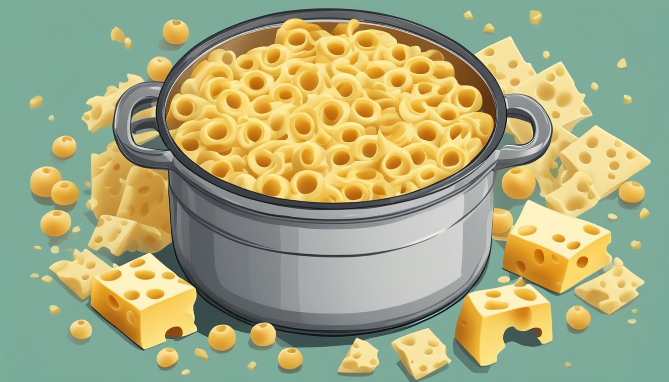 A pot of bubbling macaroni surrounded by various types of cheese