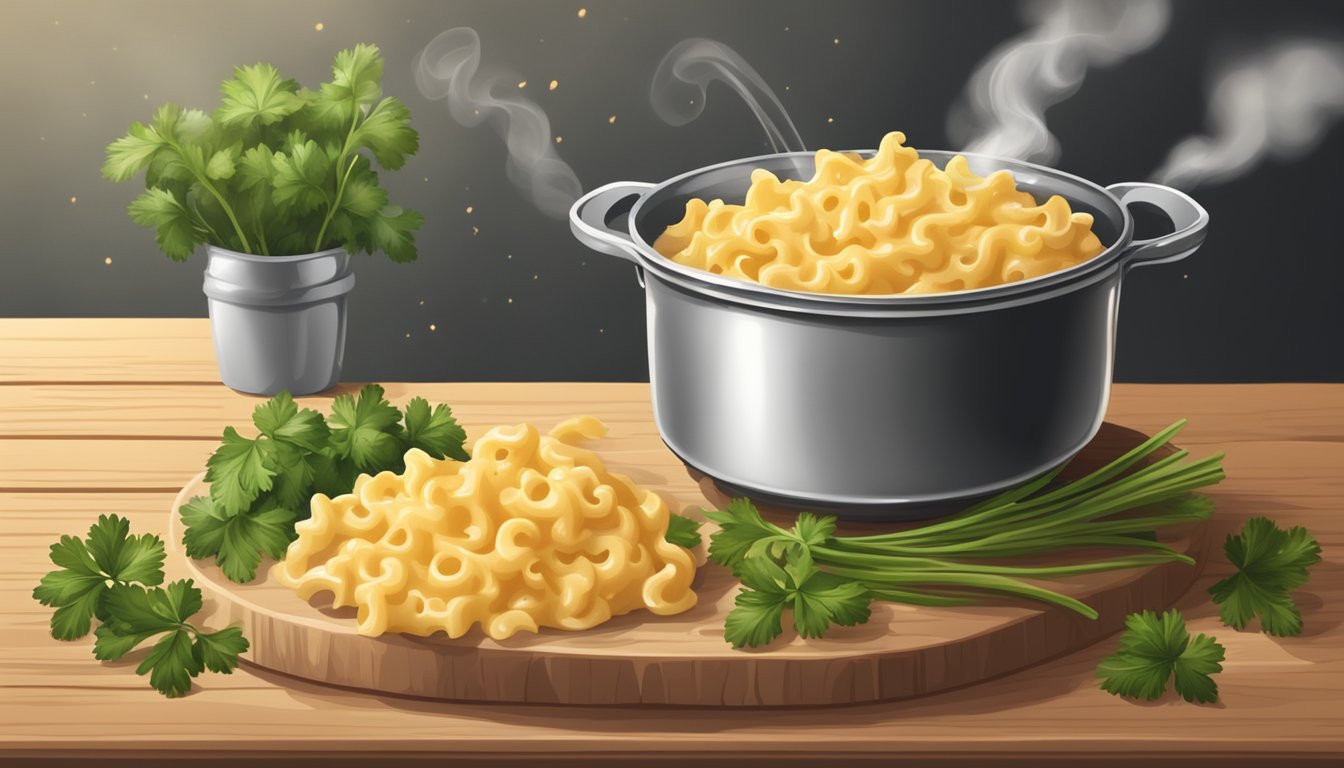 A steaming pot of creamy stovetop mac n cheese with a sprinkle of black pepper and a sprig of fresh parsley on a rustic wooden table