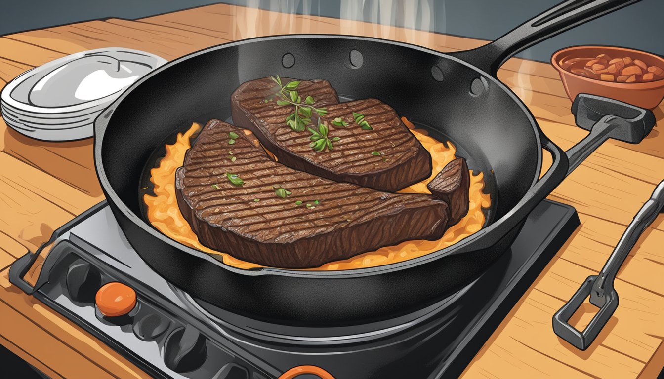 A cast iron skillet sizzling on a stovetop, with a thick steak being seared to perfection. A pair of tongs rests nearby, ready to flip the meat