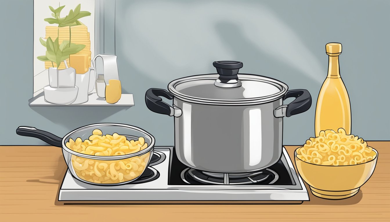 A pot of boiling water on a stovetop, with a box of macaroni and cheese and a measuring cup nearby