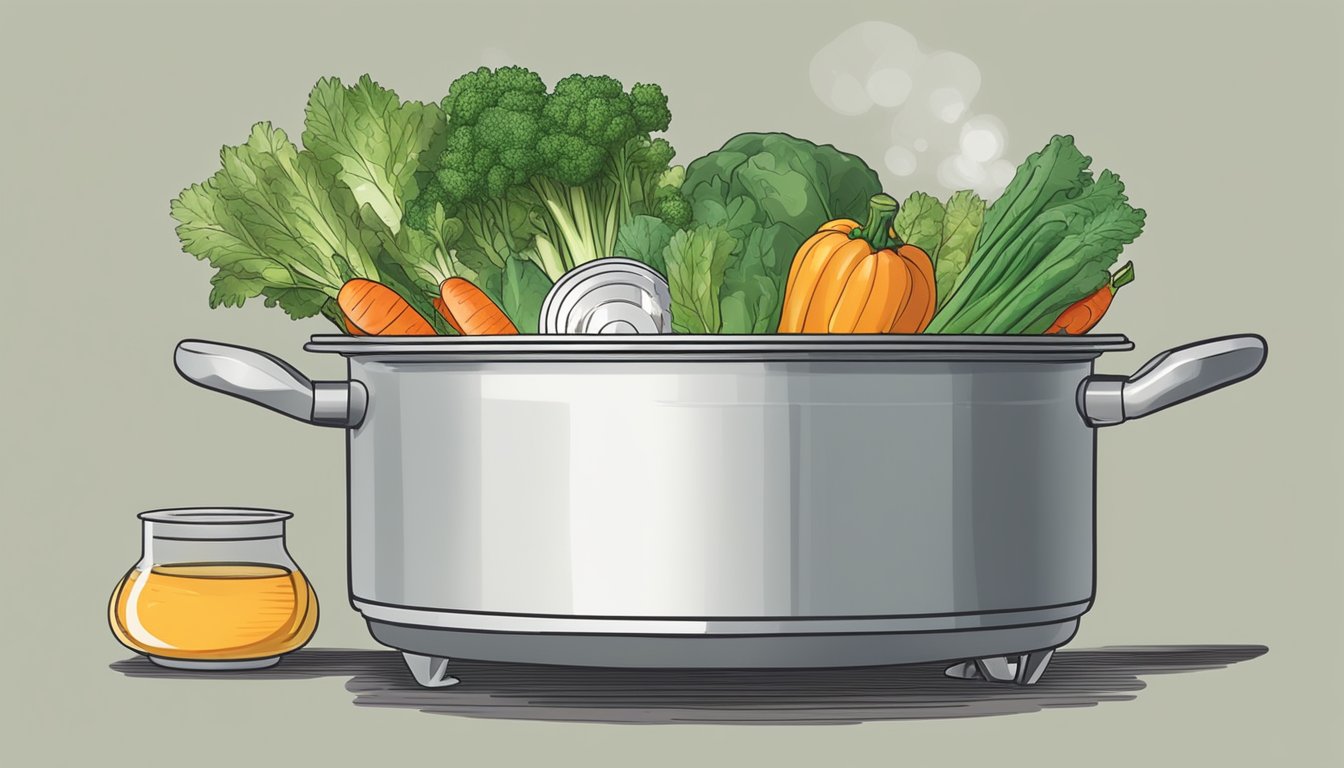 A pot of boiling water with vegetables being steamed using a makeshift steamer made of a metal colander placed over the pot