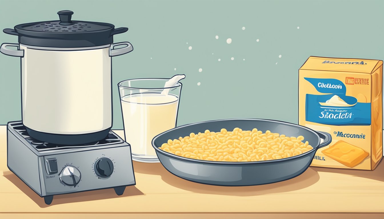 A pot of boiling water on a stovetop, a box of macaroni, and a carton of milk next to a packet of powdered cheese