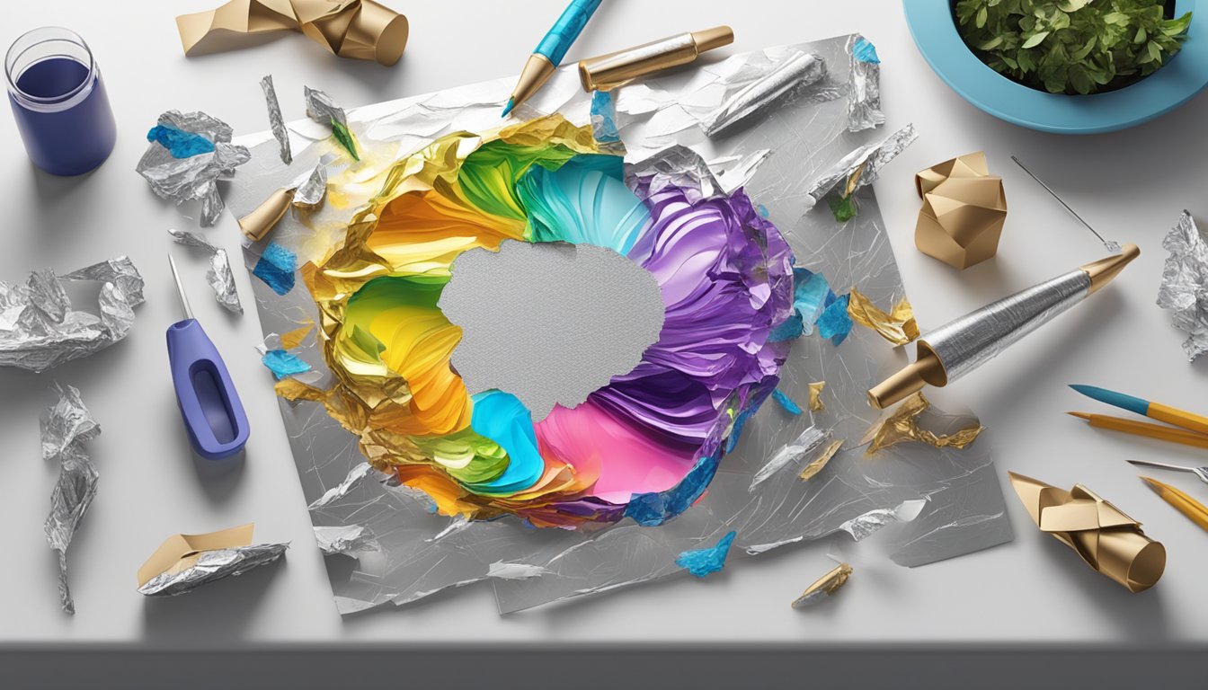 A table with various tools and aluminum foil rolls scattered around, with a finished aluminum foil art piece displayed on an easel