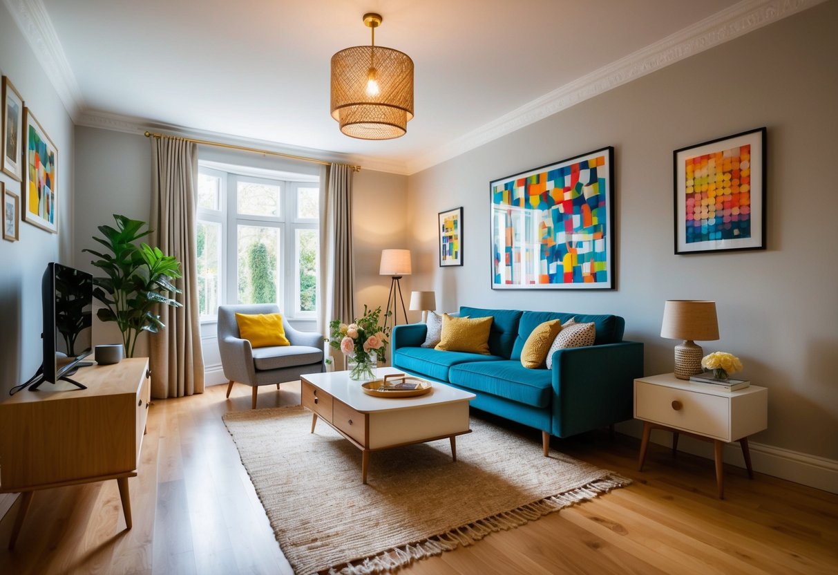 Ein gemütliches Wohnzimmer mit einer Mischung aus modernen und Vintage-Möbeln, sanfter Beleuchtung und bunten Kunstwerken an den Wänden