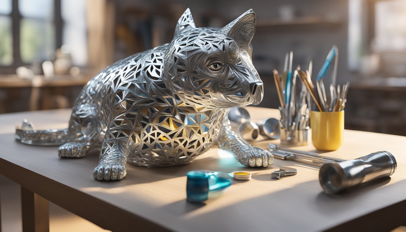 A handcrafted aluminum foil sculpture sits on a table surrounded by various tools and materials. Light reflects off the intricate details of the artwork