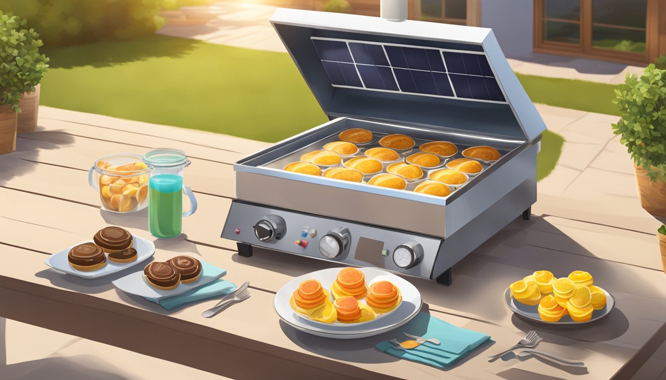 A solar oven sits in a sunny outdoor setting, with various sweets and treats arranged inside on trays, ready to be cooked by the sun's heat