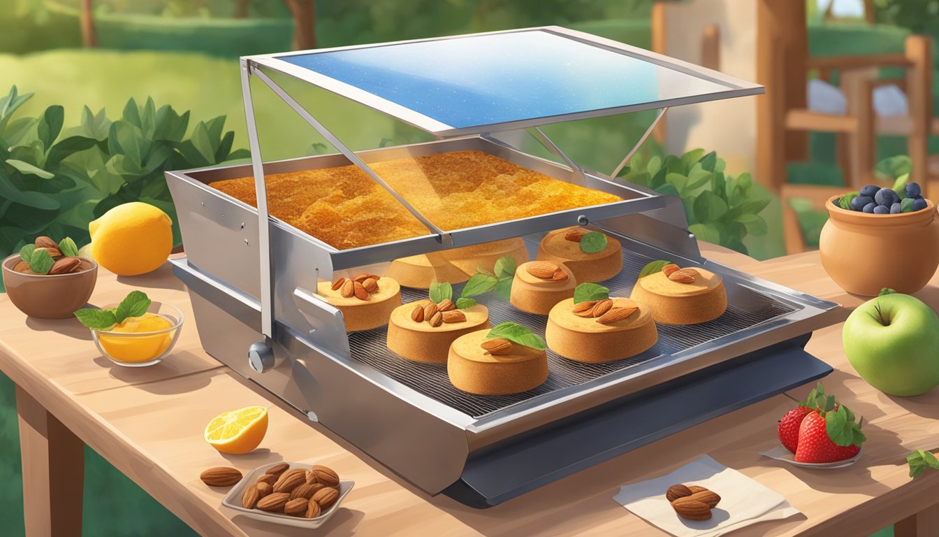 A solar oven sits on a sunny outdoor table, surrounded by ingredients like chocolate, nuts, and fruit. A tray of freshly baked solar desserts is being pulled out