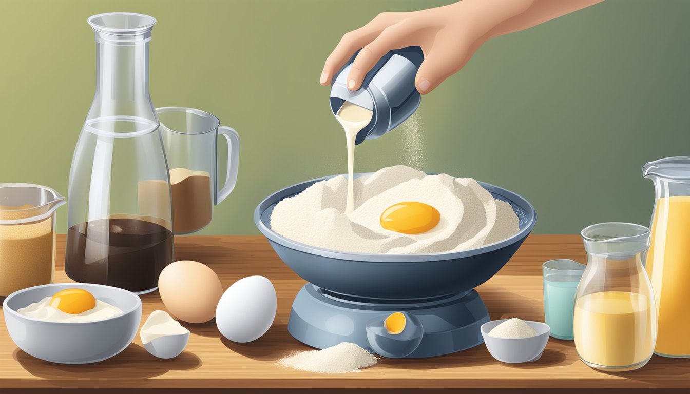 A hand pouring flour, eggs, milk, and vanilla extract into a blender, with a measuring cup and mixing bowl nearby