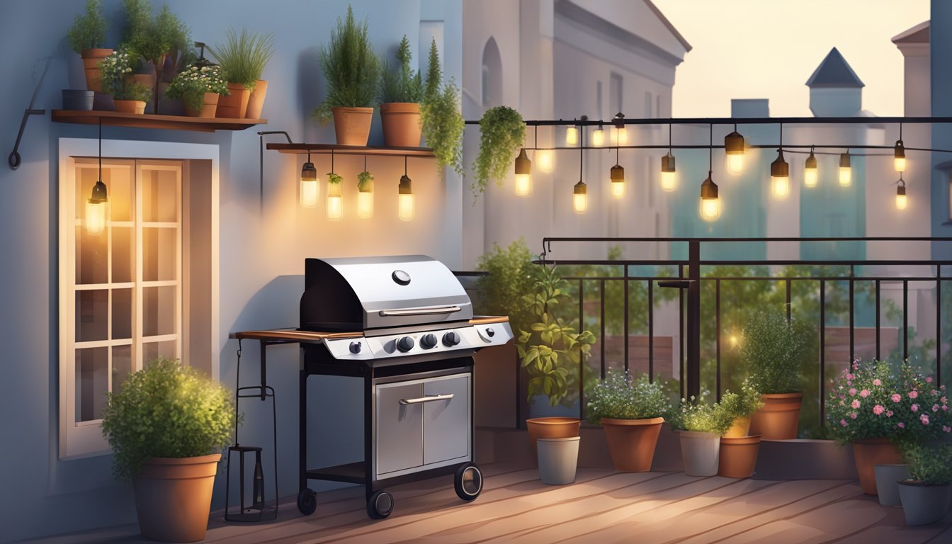 A small balcony with a compact barbecue grill, surrounded by potted herbs and hanging lights