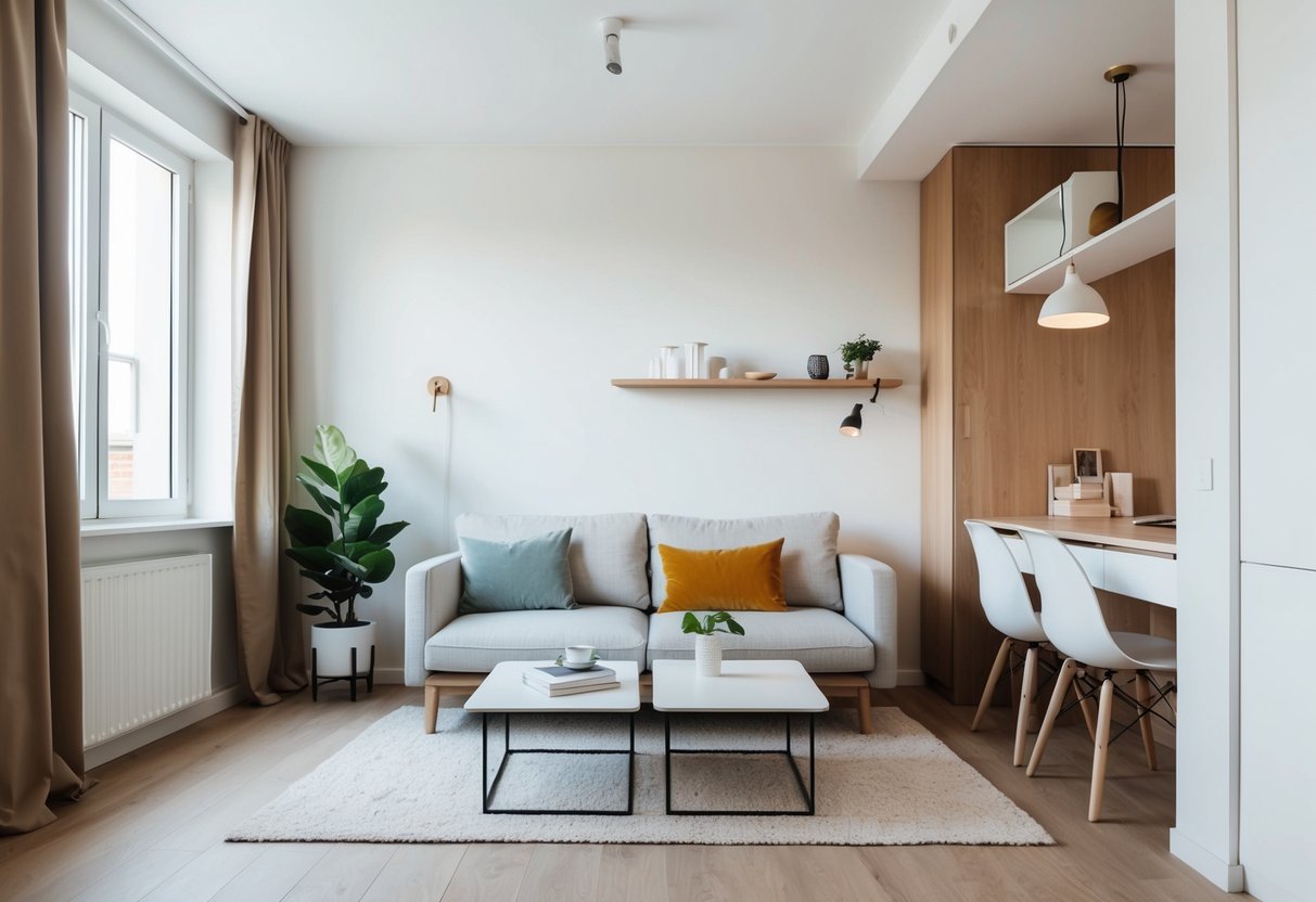 Eine kleine Wohnung, die mit minimalistischer Einrichtung und platzsparenden Möbeln eingerichtet wird.