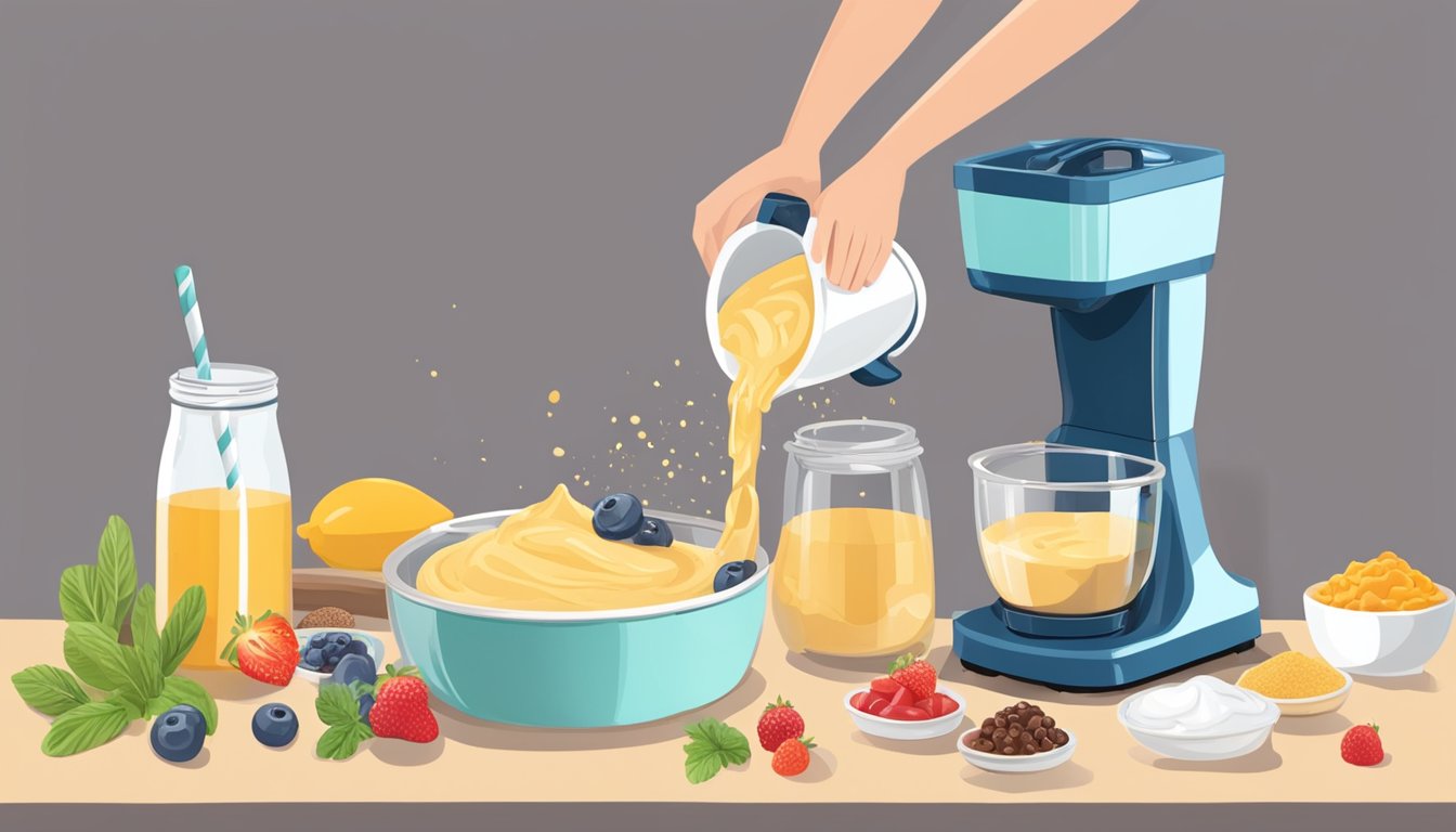 A hand pouring batter into a blender, with various toppings and ingredients arranged nearby