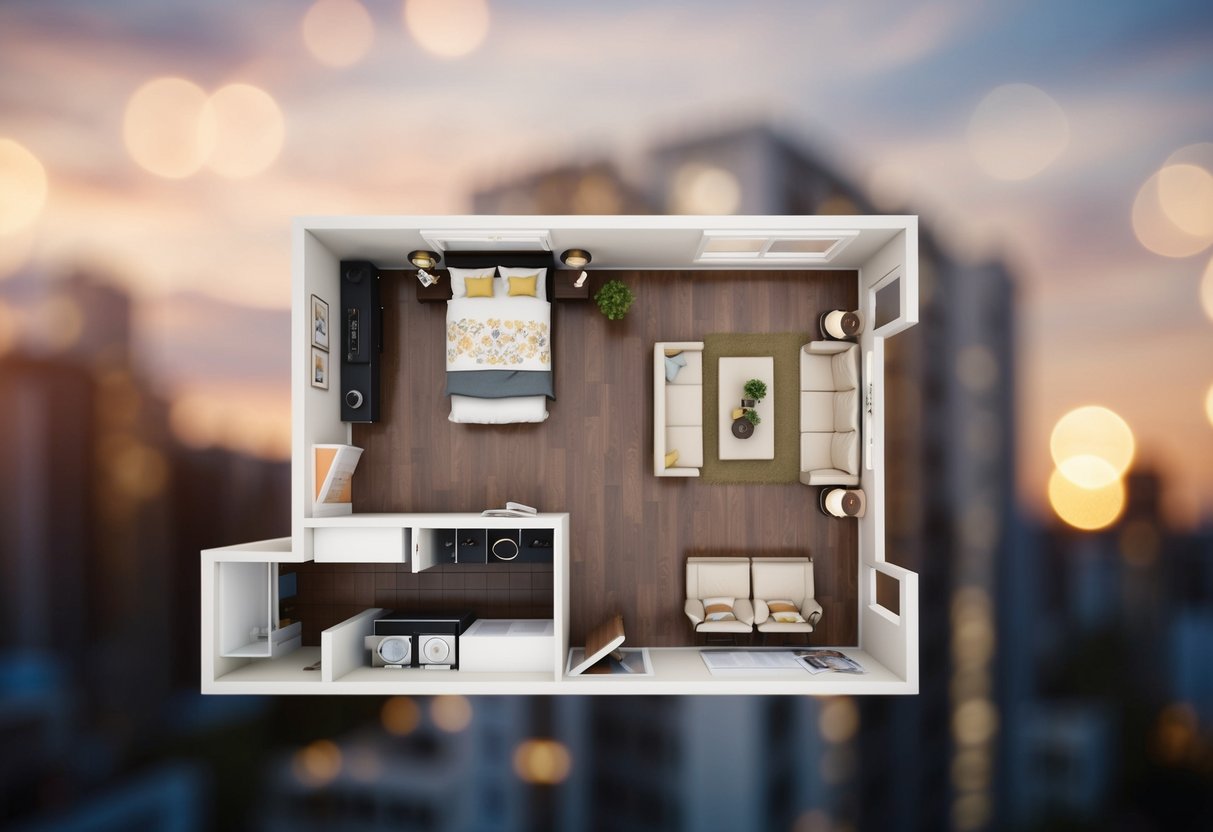 Ein Grundriss einer kleinen Wohnung mit optimiertem Layout und Einrichtung
