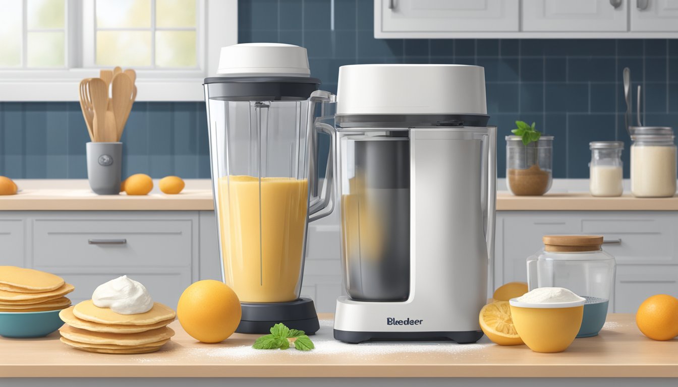 A blender sits on a clean kitchen counter, filled with pancake batter. Ingredients and utensils are neatly organized nearby