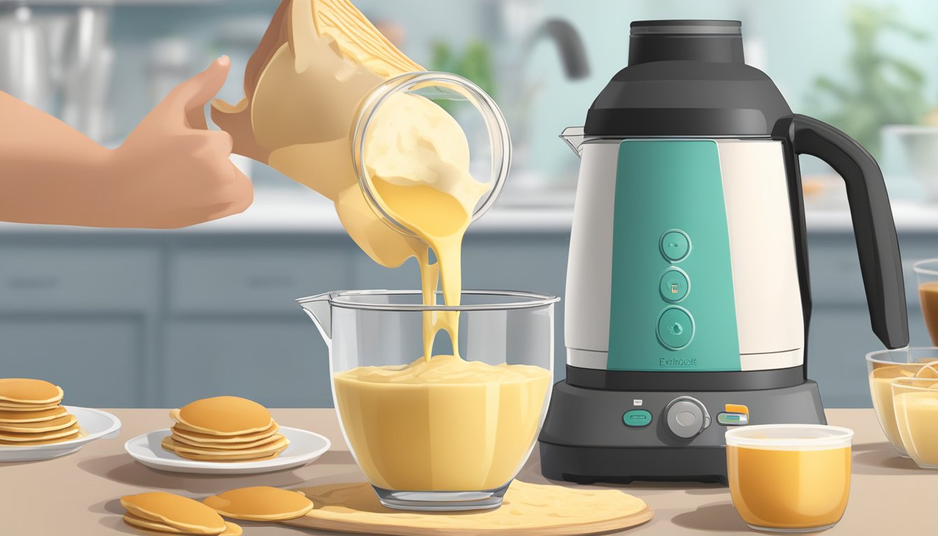 Pancake batter being poured into a blender with optional ingredients nearby