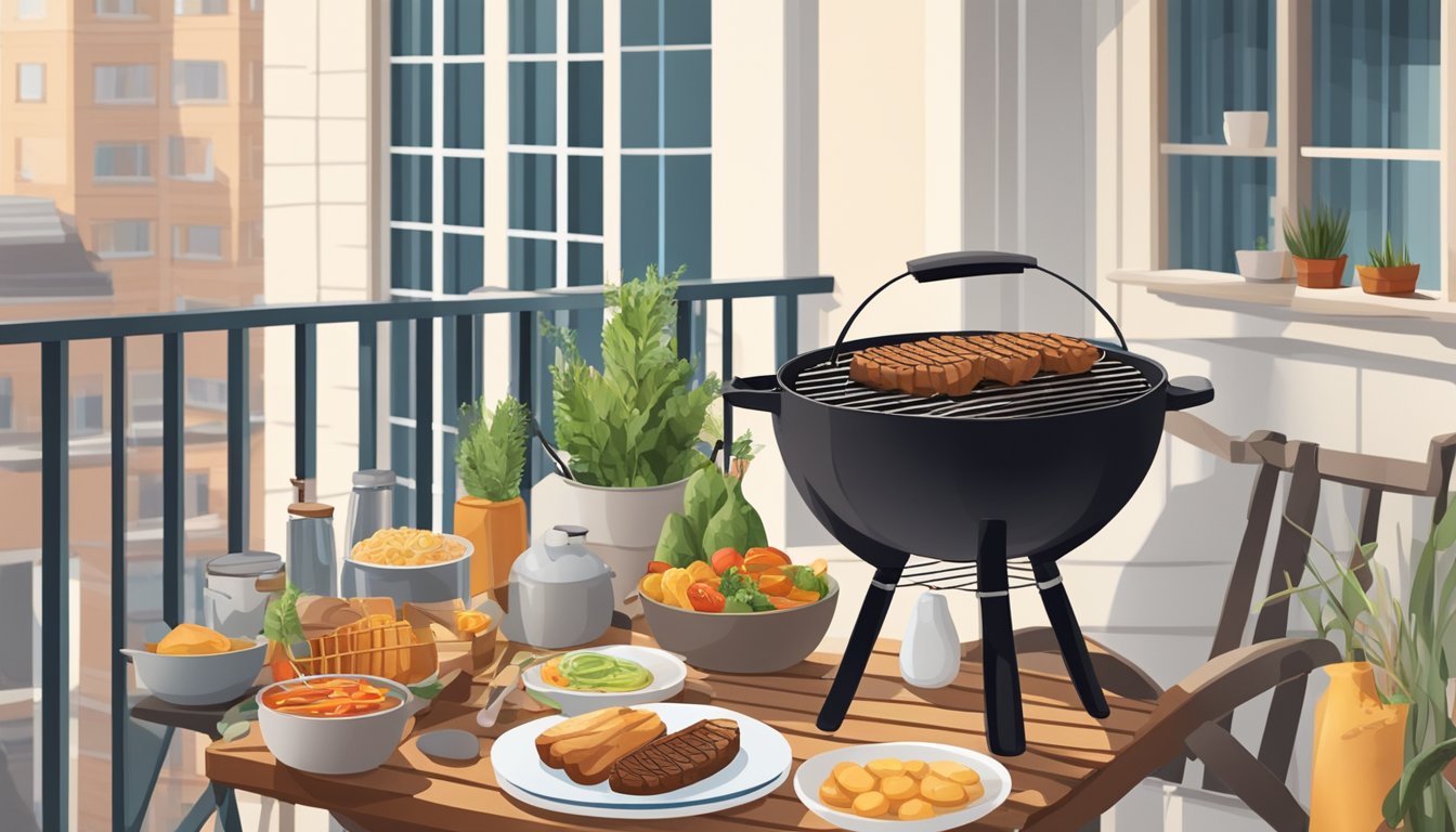 A balcony with a small barbecue grill, surrounded by neatly arranged cooking utensils, plates, and food ingredients