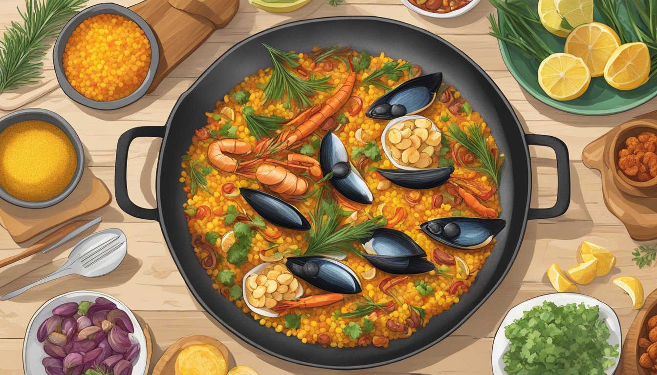 A bubbling paella pan sits atop a camp stove, surrounded by vibrant ingredients like saffron, rice, seafood, and chorizo