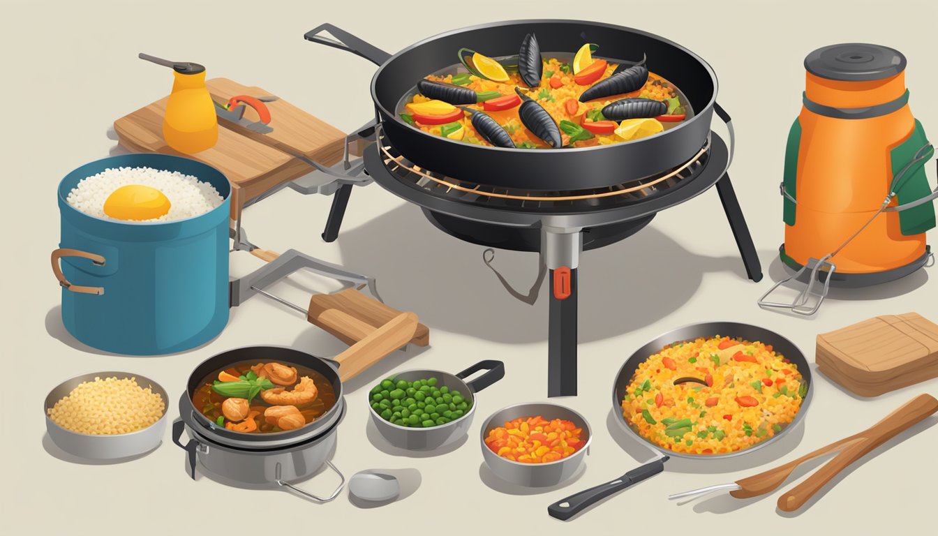 A camp stove with a sizzling paella pan, filled with a variety of colorful ingredients and steaming rice, surrounded by outdoor camping gear