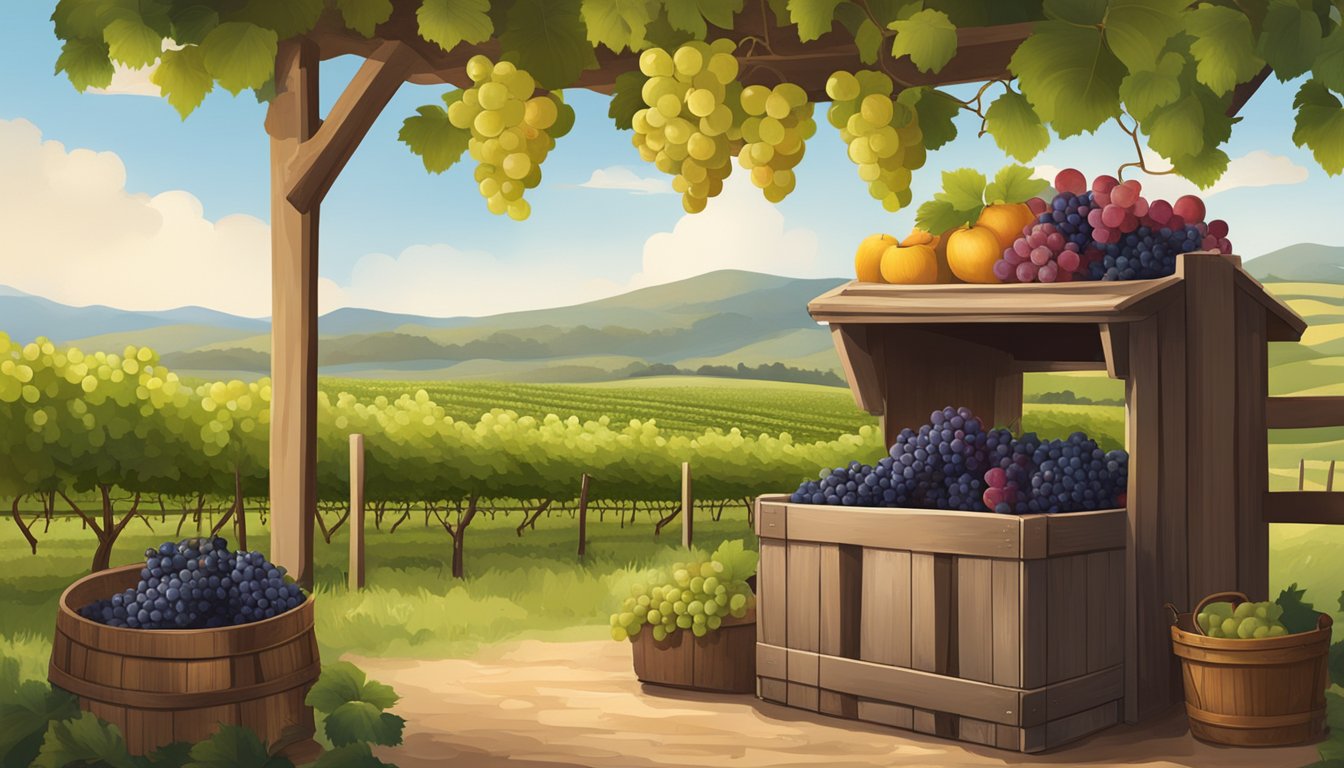 A vineyard with lush grapevines, a rustic wooden crate filled with fresh fruit, and a vintage wine press