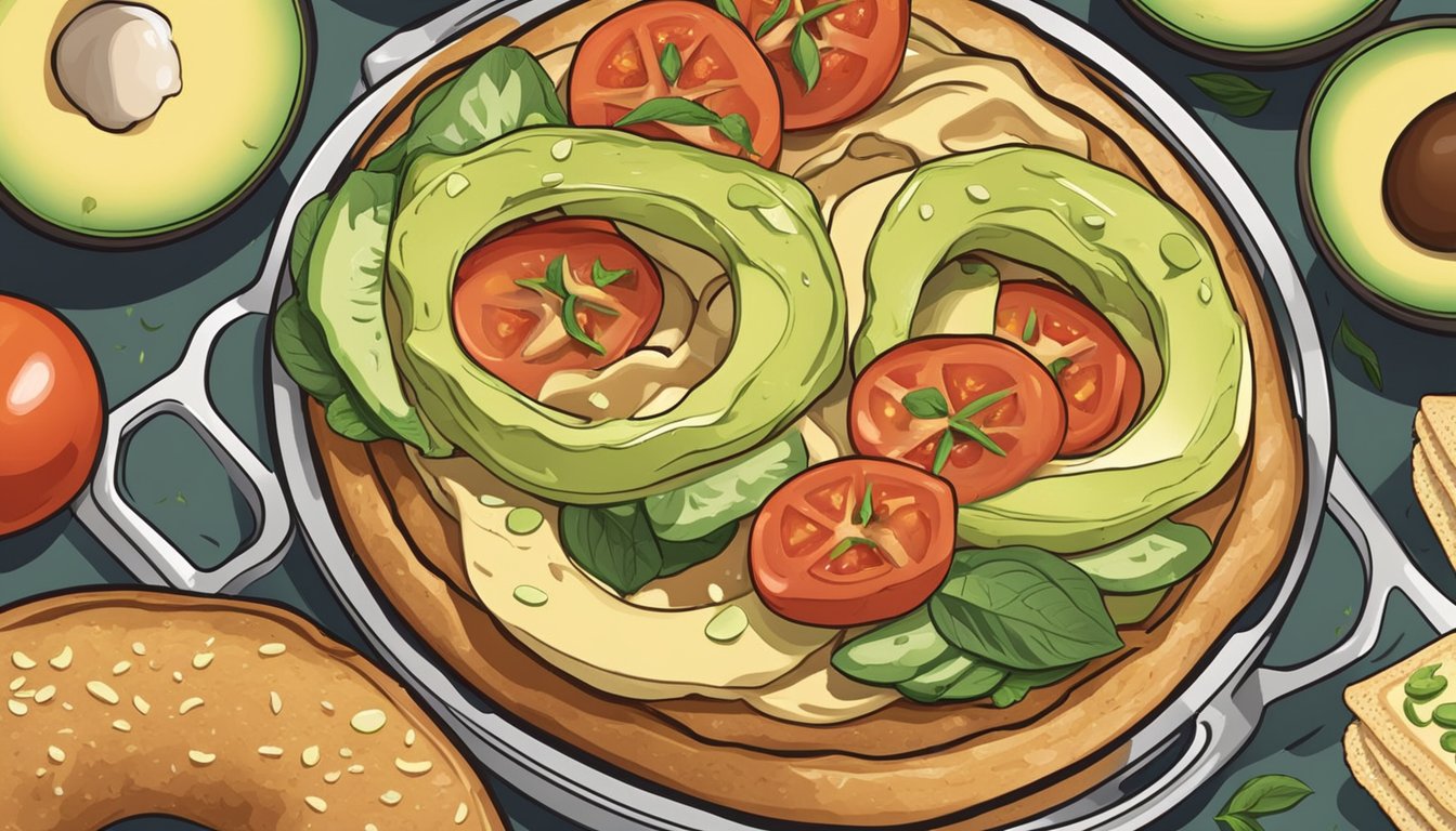 A bagel sizzles in a hot pan, surrounded by alternative ingredients like avocado, tomato, and hummus