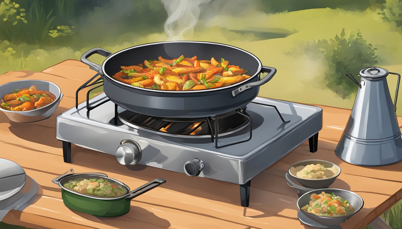 A camp stove sits on a stable surface, with a large paella pan on top. A safe distance is maintained from any flammable materials