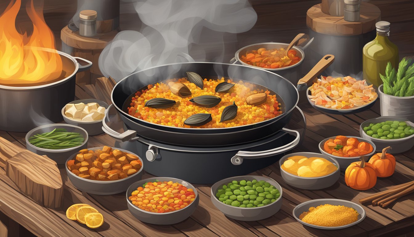 A camp stove sits on a rustic wooden table, surrounded by an array of seasonings and flavor enhancers. A bubbling paella simmers in a large pan above the flame