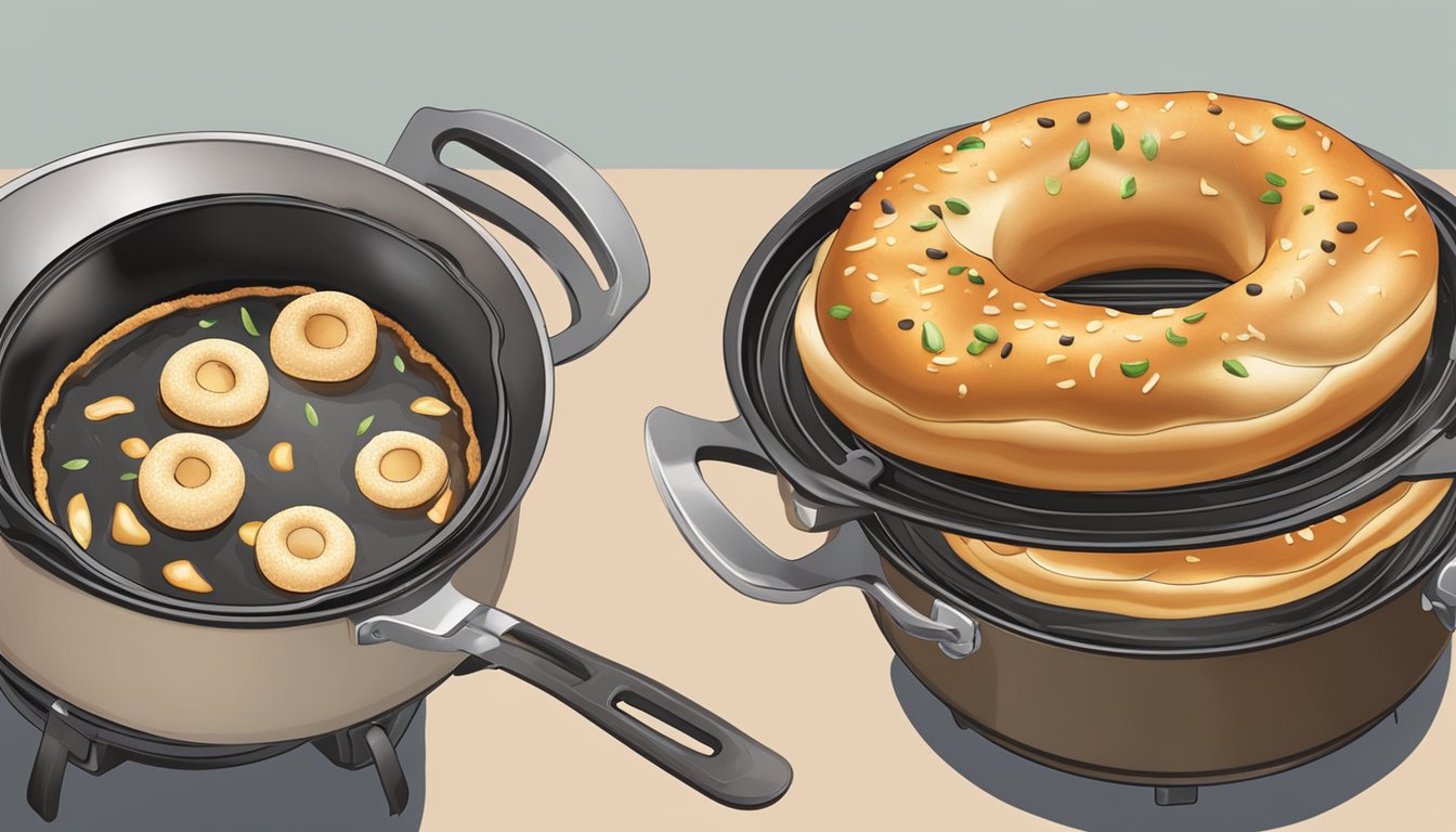 A bagel sizzles in a hot pan, browning and crisping as it cooks