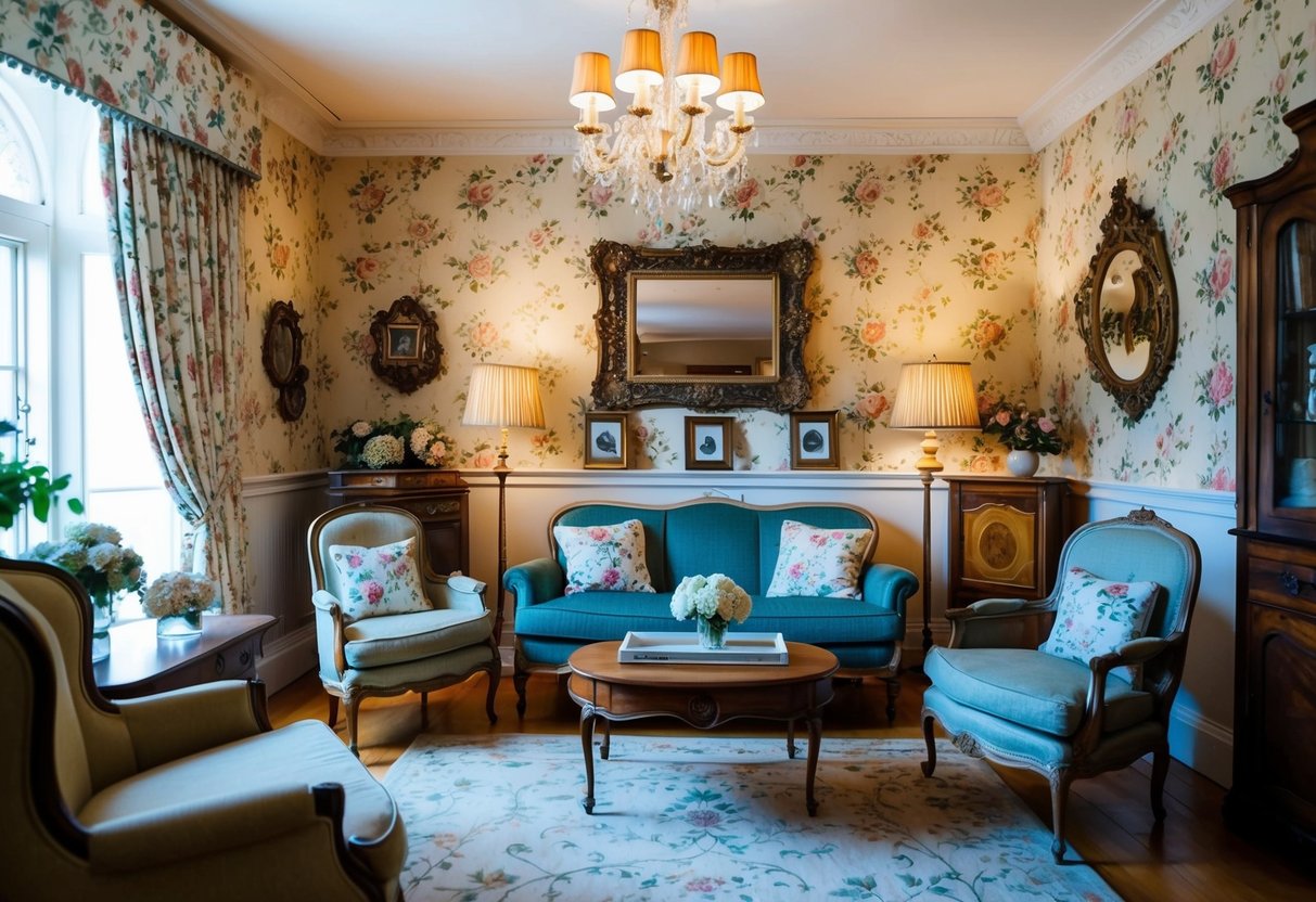 Ein gemütliches Wohnzimmer mit antiken Möbeln, Blumen-Tapeten und nostalgischen Dekor-Elementen wie altmodischen Lampen und kunstvollen Bilderrahmen.