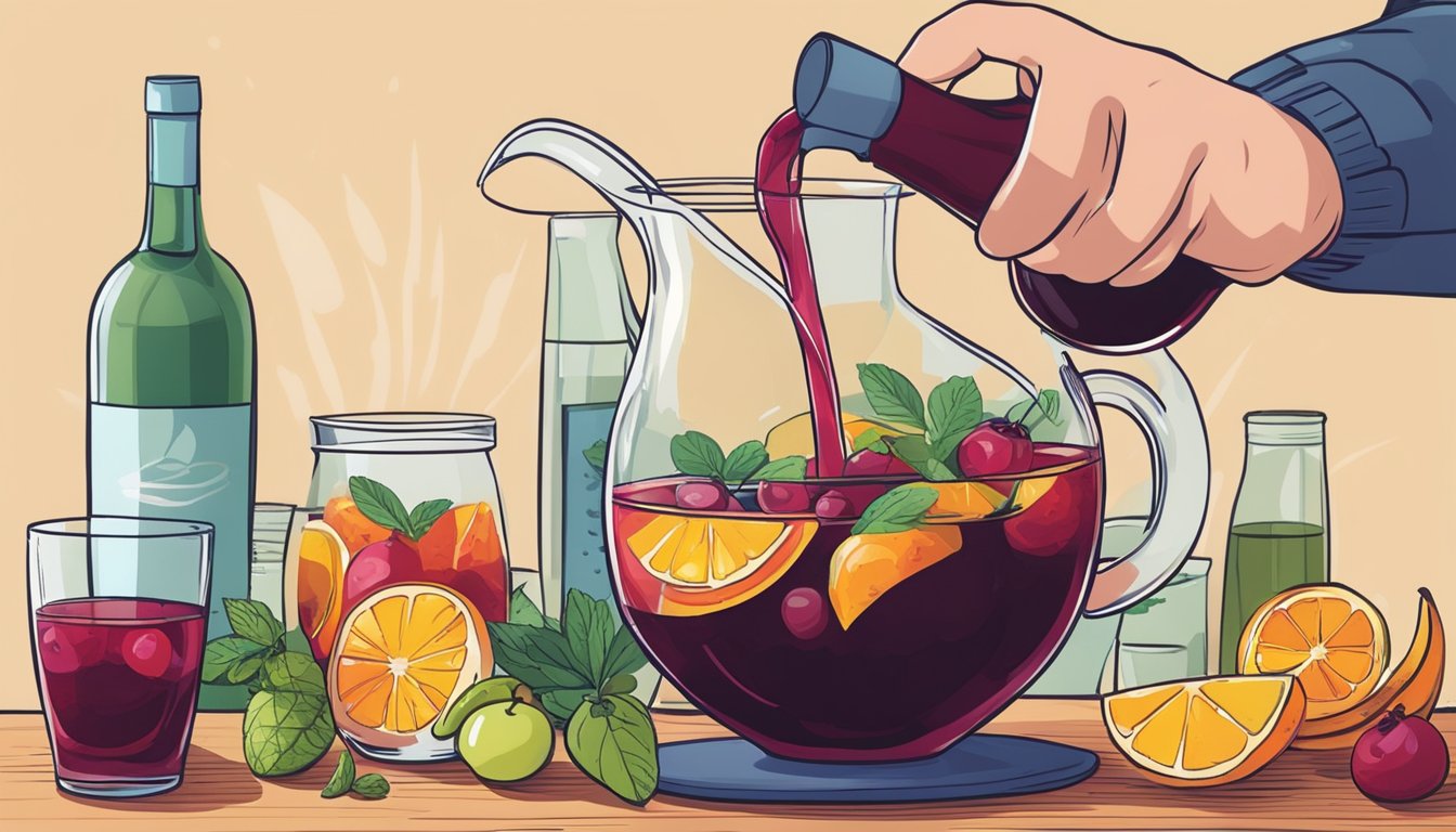 A hand pouring spirits into a pitcher of boxed wine sangria, with fruits and herbs nearby for flavor enhancement