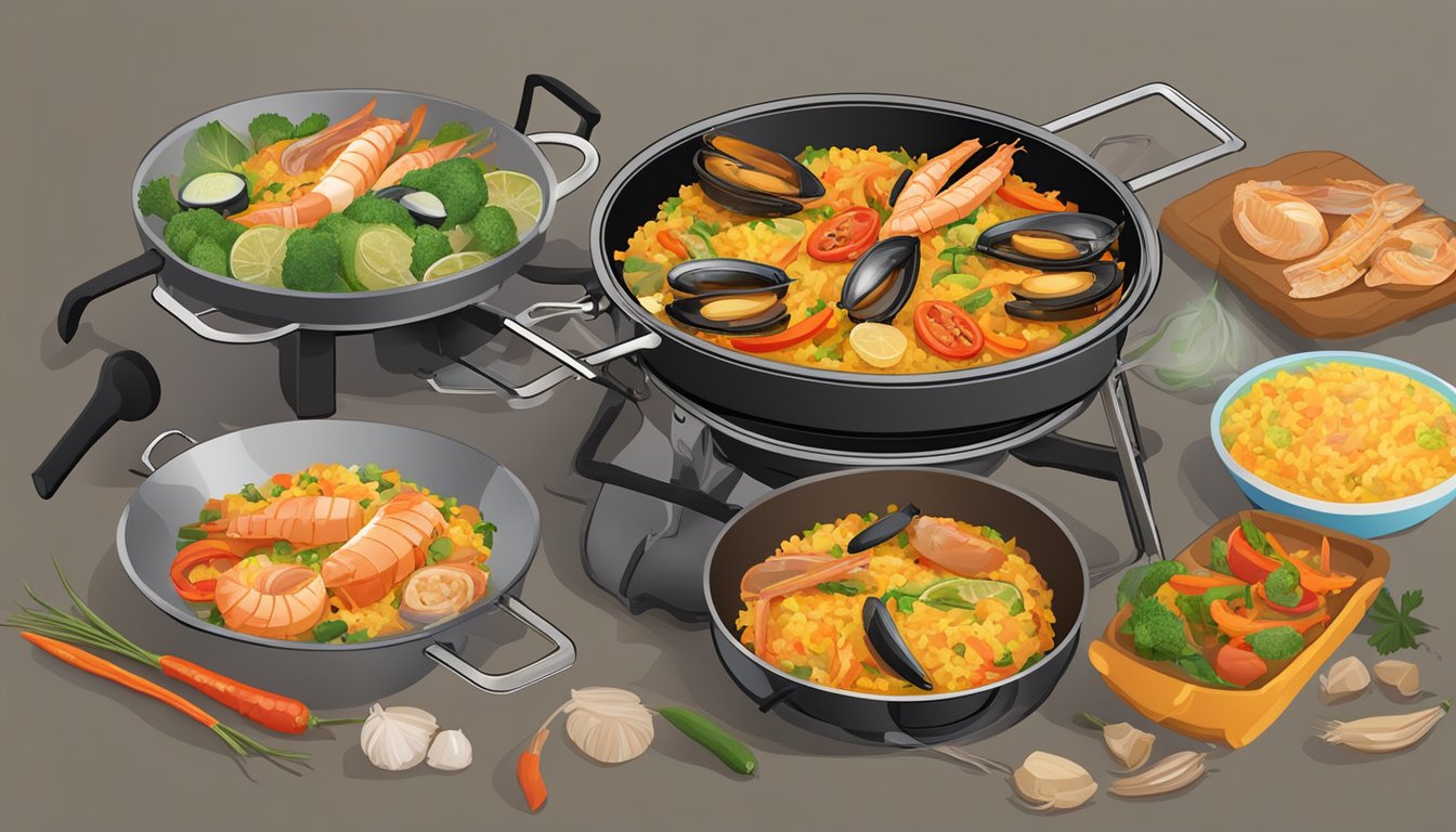 A camp stove sits on a rocky surface, with a large paella pan filled with sizzling rice, colorful vegetables, and savory seafood cooking over the open flame