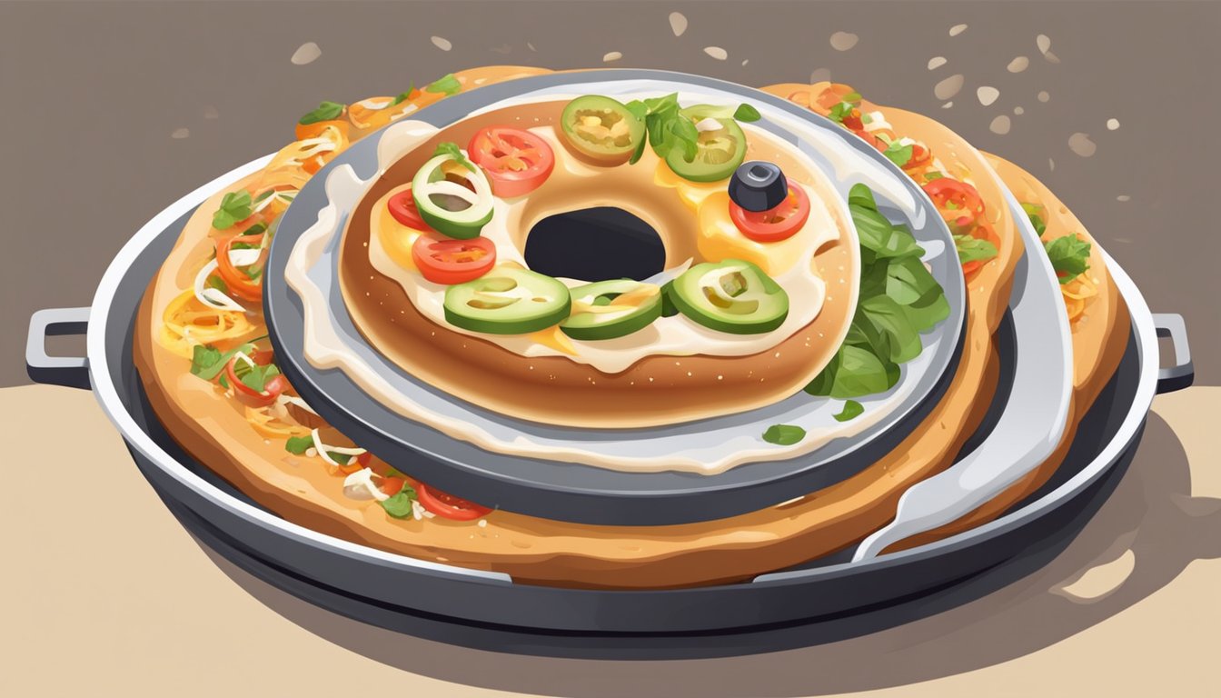 A bagel with various toppings is being cooked in a sizzling pan