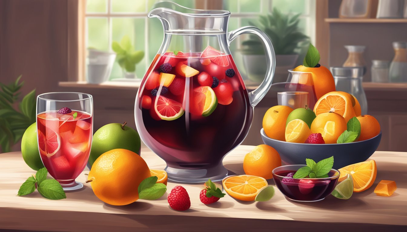 A pitcher of sangria surrounded by fresh fruits and sweeteners on a table